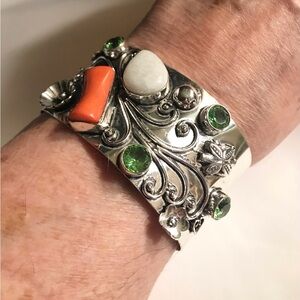 Moonstone Peridot Coral Stamped 925 Sterling Silver Cuff Bracelet